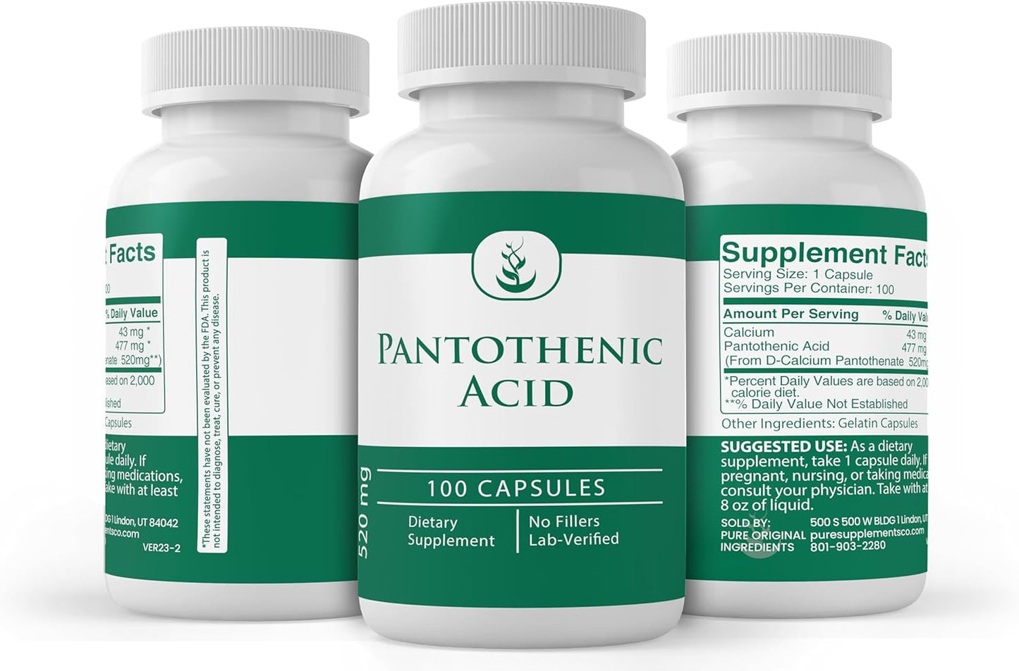 100 Capsules of Pure Pantothenic Acid with Vitamin B5 and Calcium Supplement - Original Ingredients