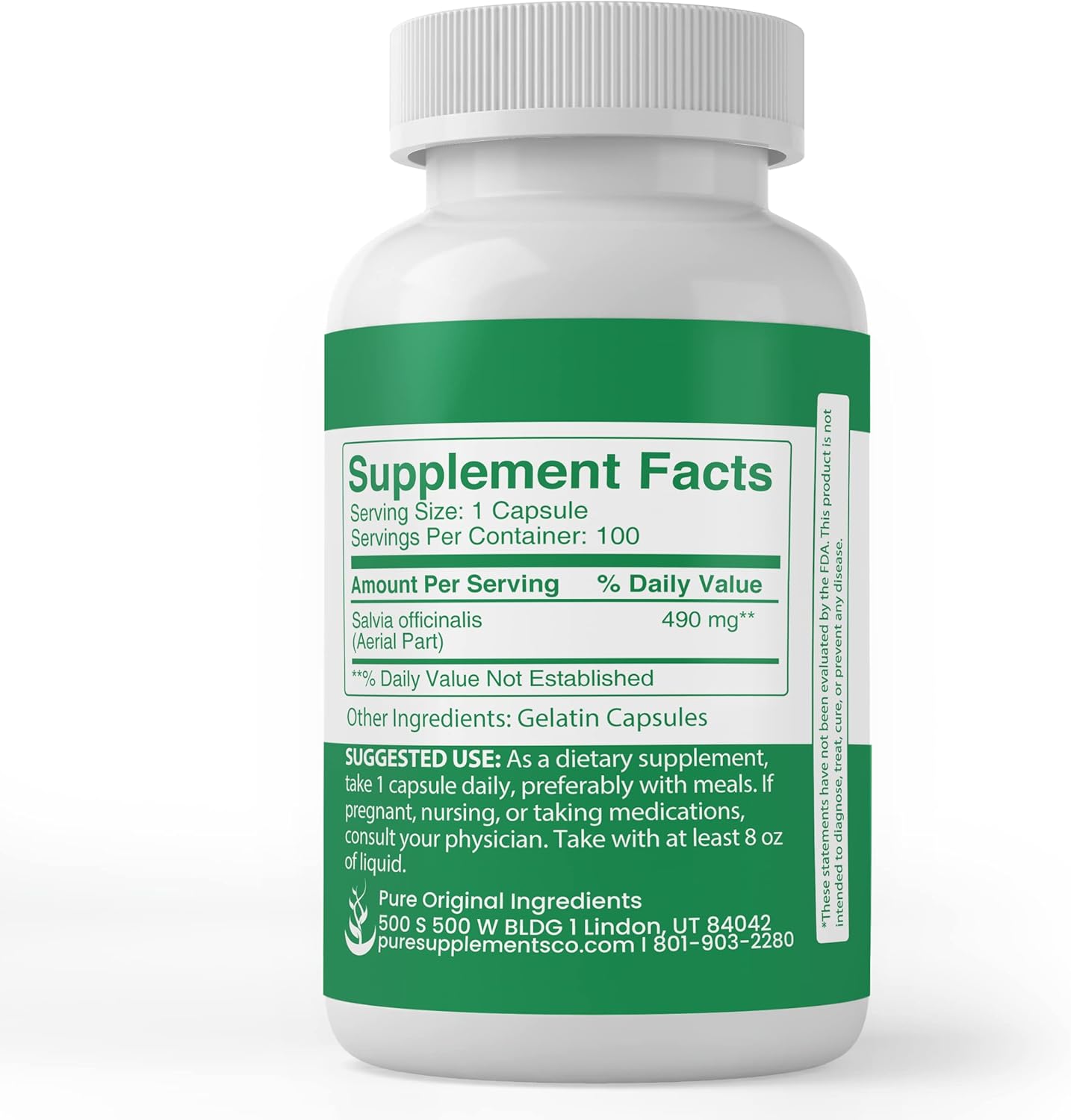 100 Capsules of Pure Sage - Original Ingredients, Lab Verified, No Additives or Fillers