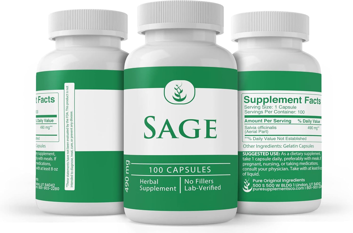 100 Capsules of Pure Sage - Original Ingredients, Lab Verified, No Additives or Fillers