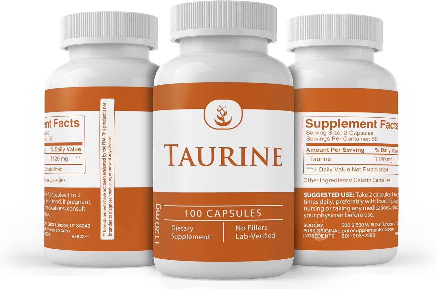 100 Capsules of Pure Taurine with Original Ingredients - Lab Verified, No Additives or Fillers