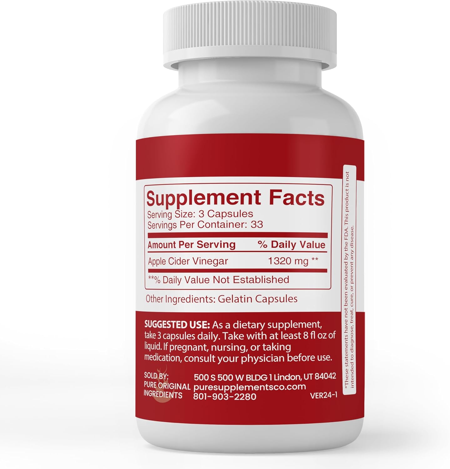100 Capsules Pure Original Apple Cider Vinegar - No Additives, Lab Verified
