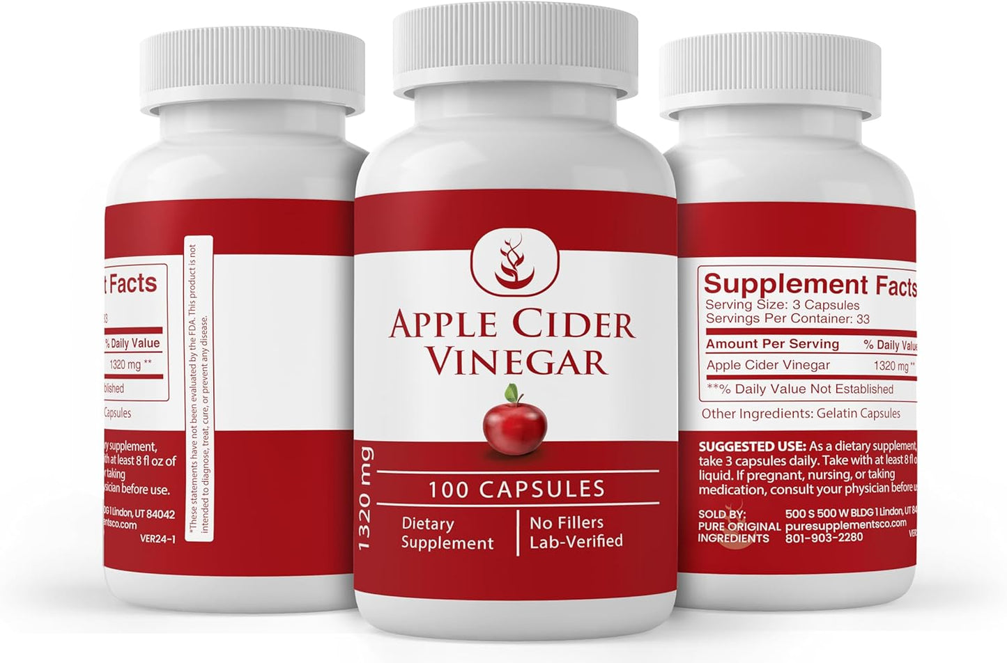 100 Capsules Pure Original Apple Cider Vinegar - No Additives, Lab Verified