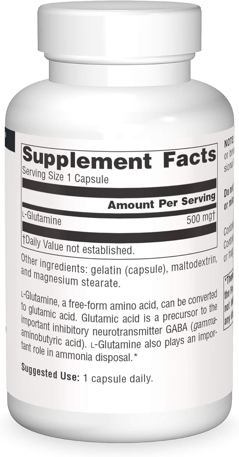 100 Capsules Source Naturals L-Glutamine Free Form Amino Acid for Metabolic Energy Support
