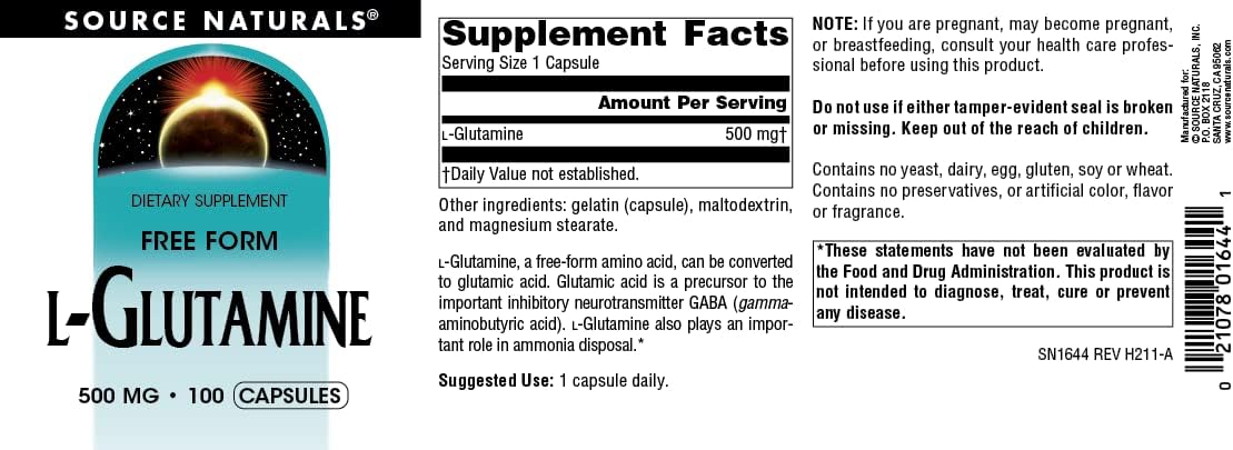 100 Capsules Source Naturals L-Glutamine Free Form Amino Acid for Metabolic Energy Support