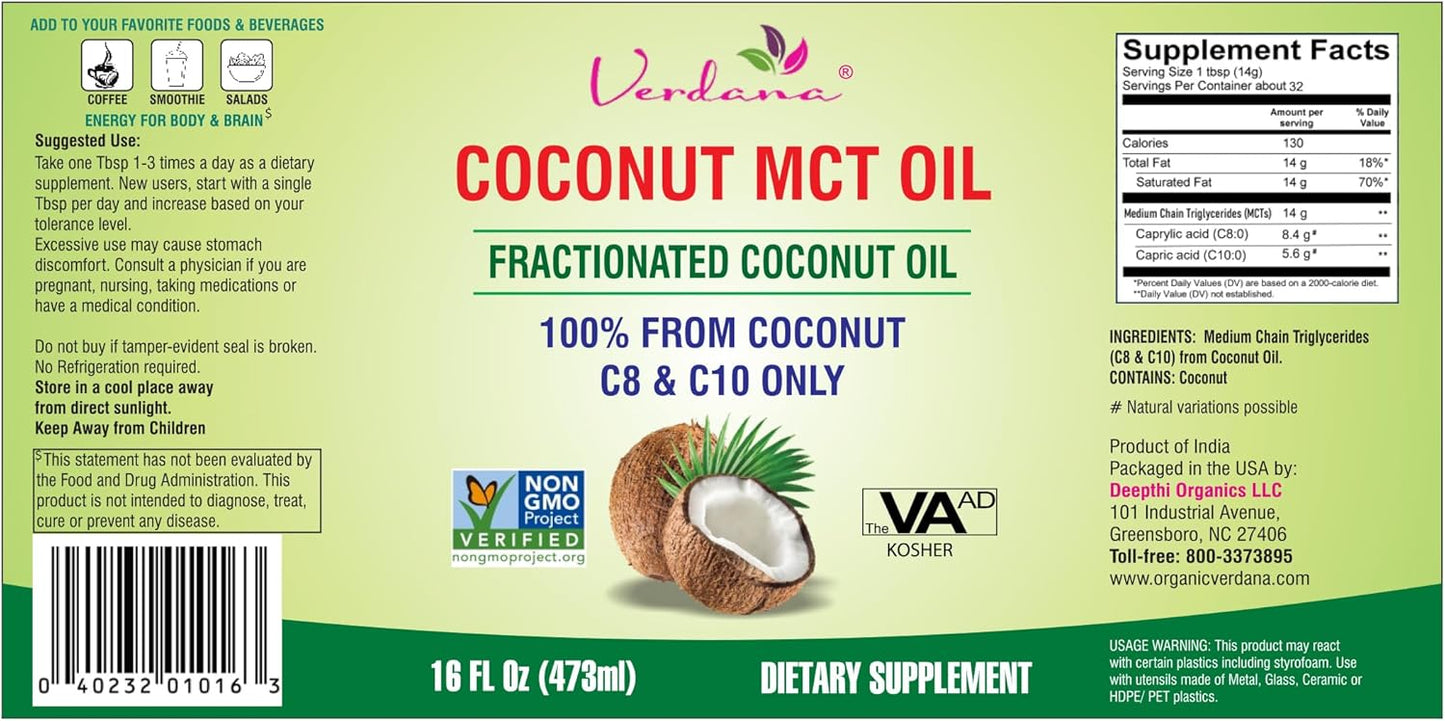 100% Coconut Derived Verdana Coconut MCT Oil - 16 Fl Oz - Kosher, Vegan, Non-GMO - Ideal for Keto and Paleo Diet, Ayurvedic Oil Pulling Mouthwash