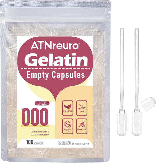 100 Count ATNreuro Size 000 Clear Empty Gelatin Capsules with 2 Micro Spoons for Powders and Supplements