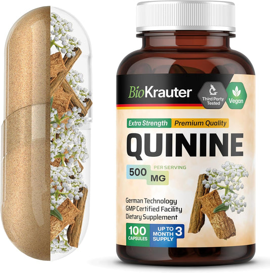 100 Count BIO KRAUTER Quinine Capsules 500mg for Leg Cramps - Cinchona Bark Powder - Vegan, No Fillers