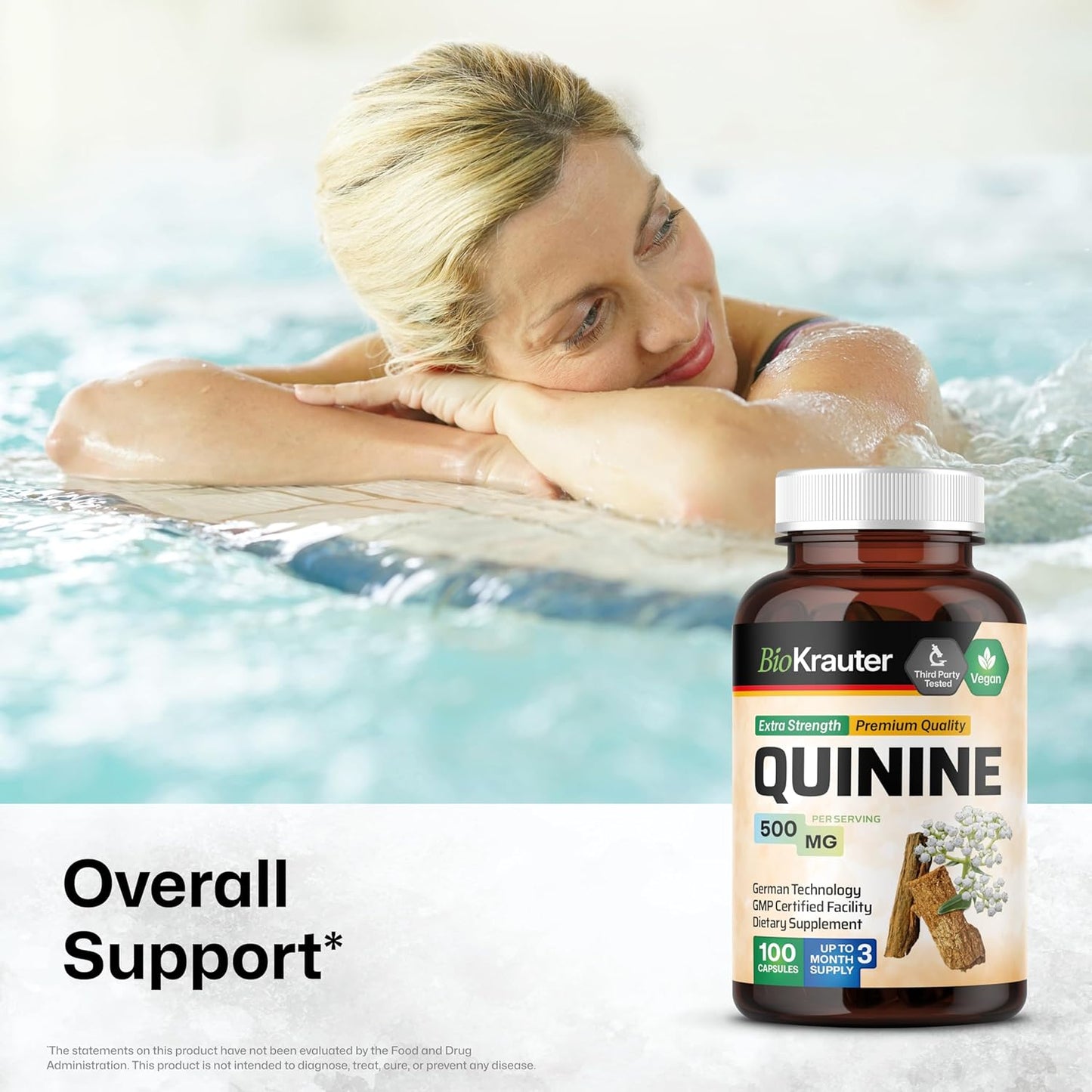 100 Count BIO KRAUTER Quinine Capsules 500mg for Leg Cramps - Cinchona Bark Powder - Vegan, No Fillers