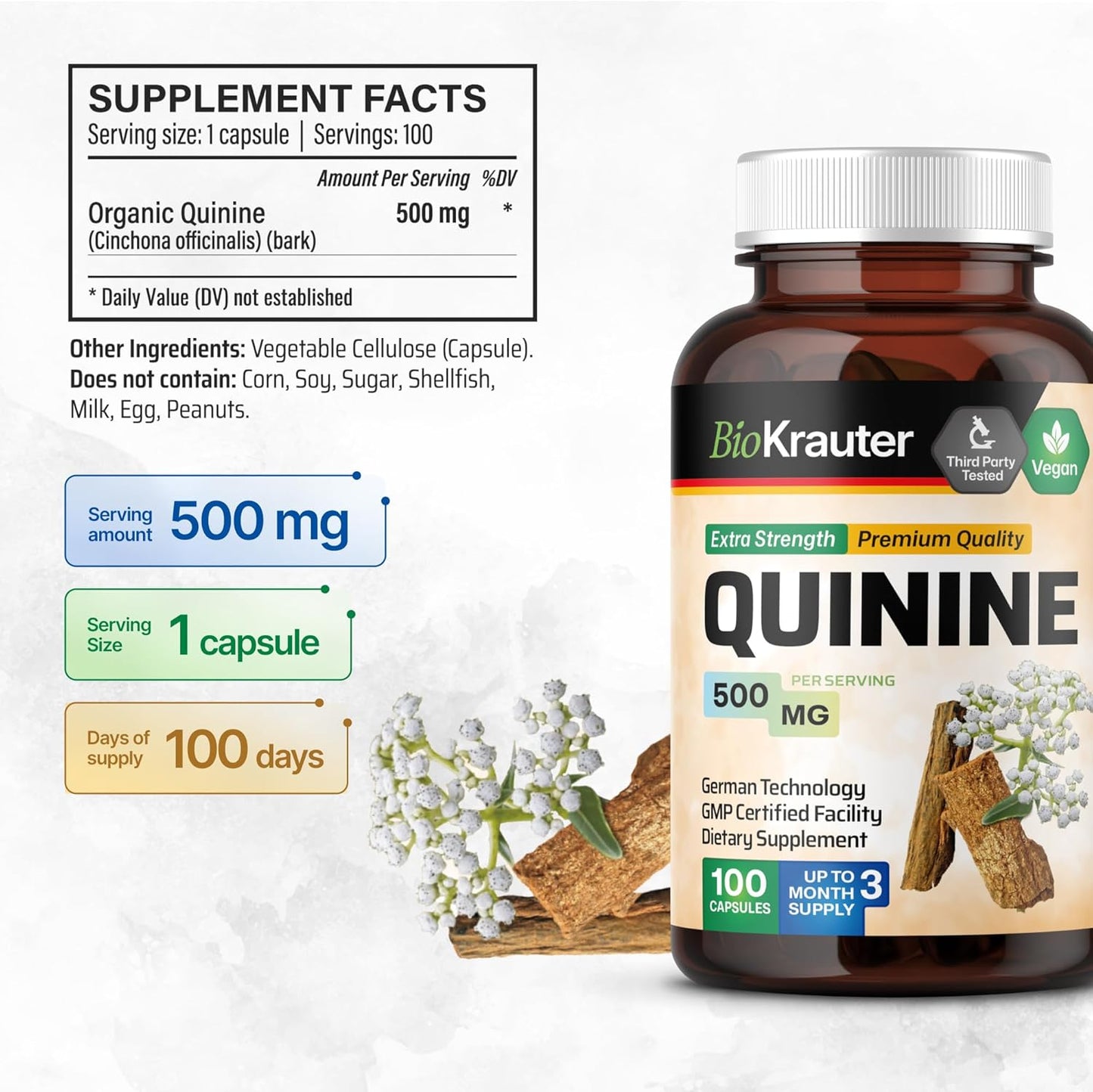 100 Count BIO KRAUTER Quinine Capsules 500mg for Leg Cramps - Cinchona Bark Powder - Vegan, No Fillers