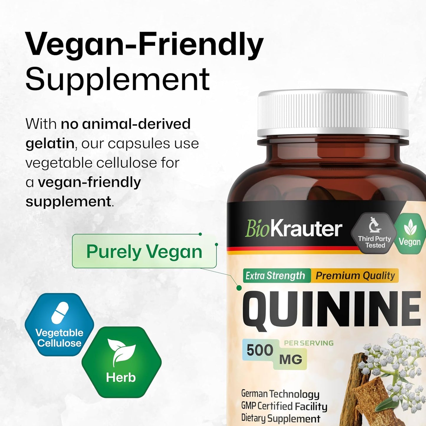 100 Count BIO KRAUTER Quinine Capsules 500mg for Leg Cramps - Cinchona Bark Powder - Vegan, No Fillers