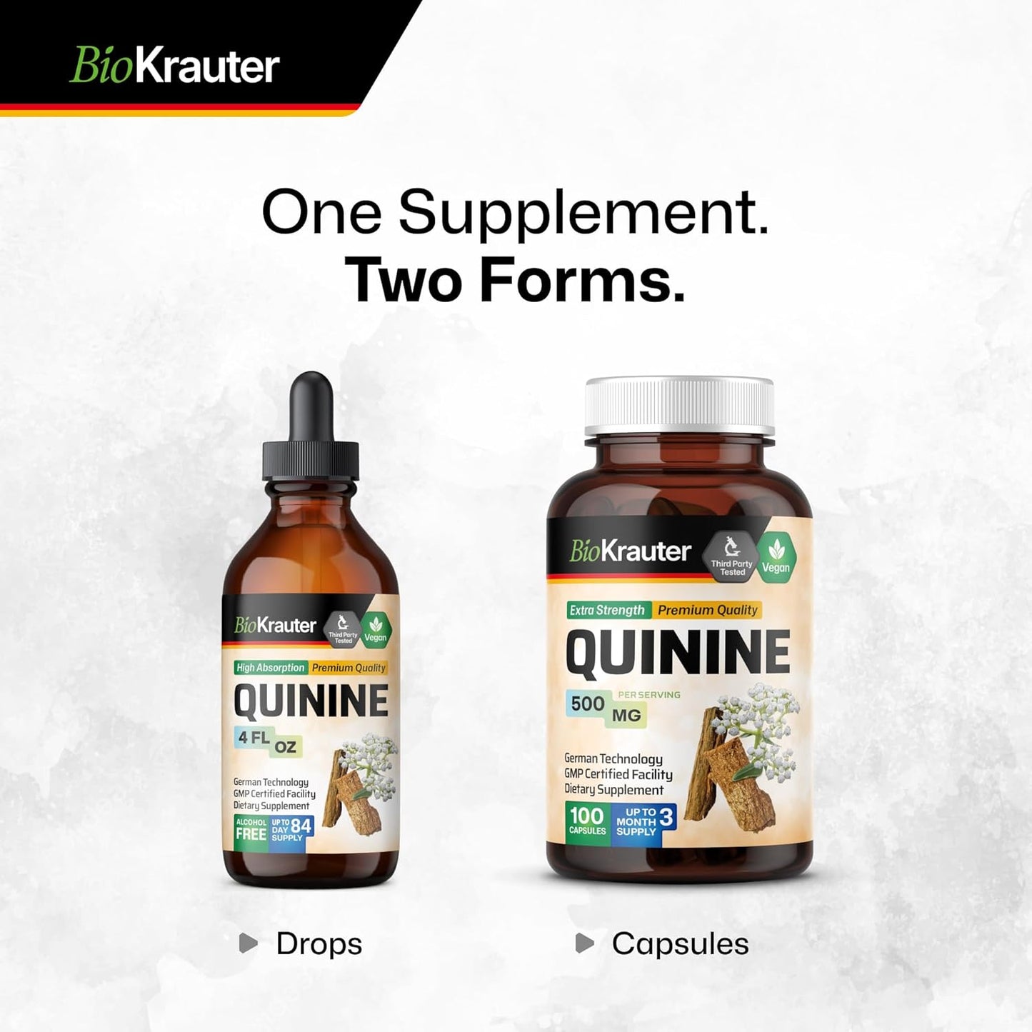 100 Count BIO KRAUTER Quinine Capsules 500mg for Leg Cramps - Cinchona Bark Powder - Vegan, No Fillers