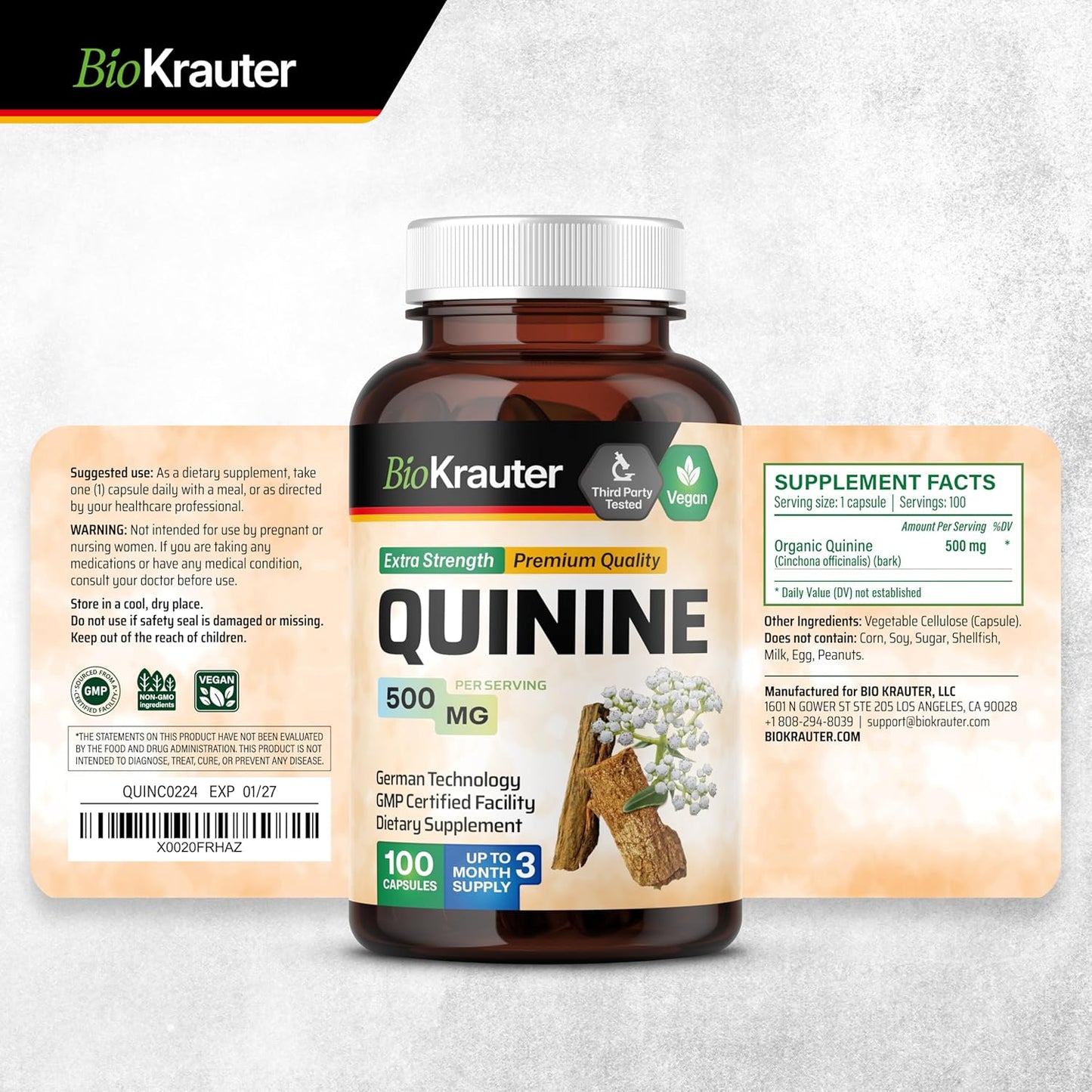 100 Count BIO KRAUTER Quinine Capsules 500mg for Leg Cramps - Cinchona Bark Powder - Vegan, No Fillers