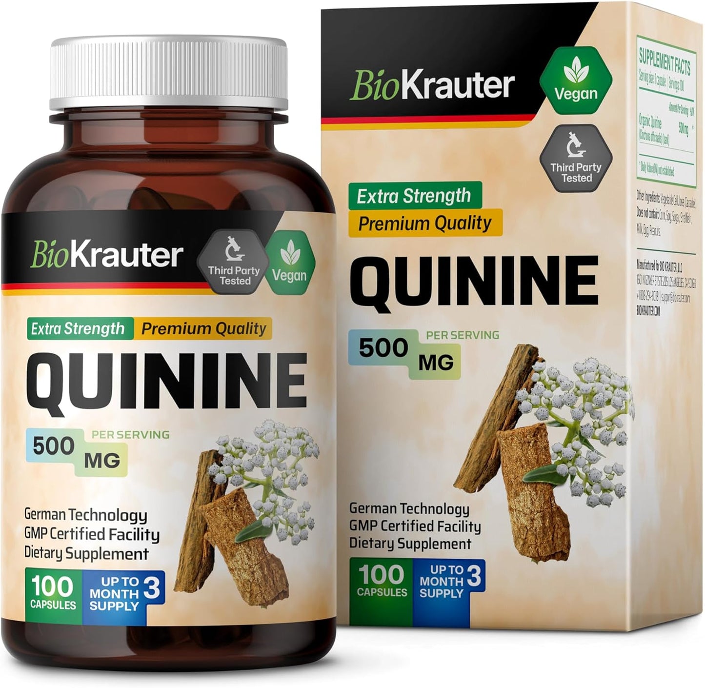 100 Count BIO KRAUTER Quinine Capsules 500mg for Leg Cramps - Cinchona Bark Powder - Vegan, No Fillers