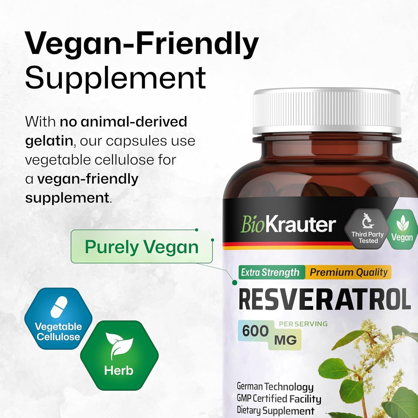 100 Count BIO KRAUTER Resveratrol Supplement Capsules - 600 mg - 98% Pure Trans Resveratrol Powder - Vegan Antioxidant