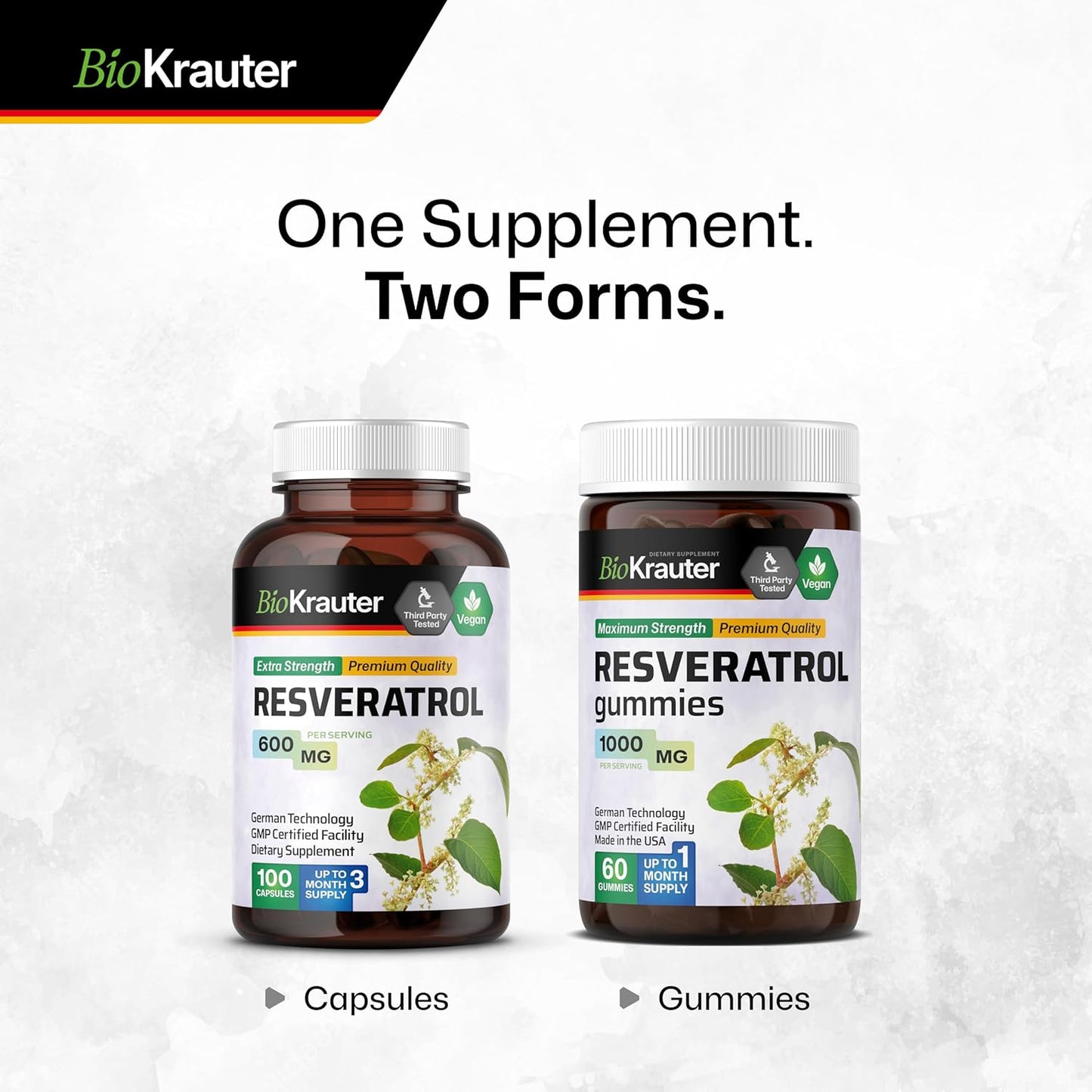 100 Count BIO KRAUTER Resveratrol Supplement Capsules - 600 mg - 98% Pure Trans Resveratrol Powder - Vegan Antioxidant