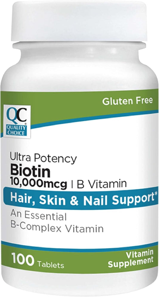 100 Count Biotin 10,000 mcg + B Tablets for Stronger Nails, Skin, & Hair - High Potency Formula