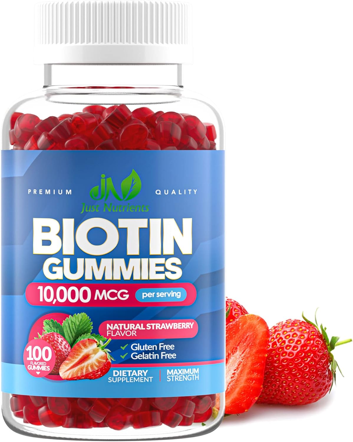 100 Count Biotin Gummies for Hair, Skin & Nails - 10,000mcg Extra Strength - Gluten-Free, Vegan, Non-GMO - Strawberry Flavor - 100 Gummies