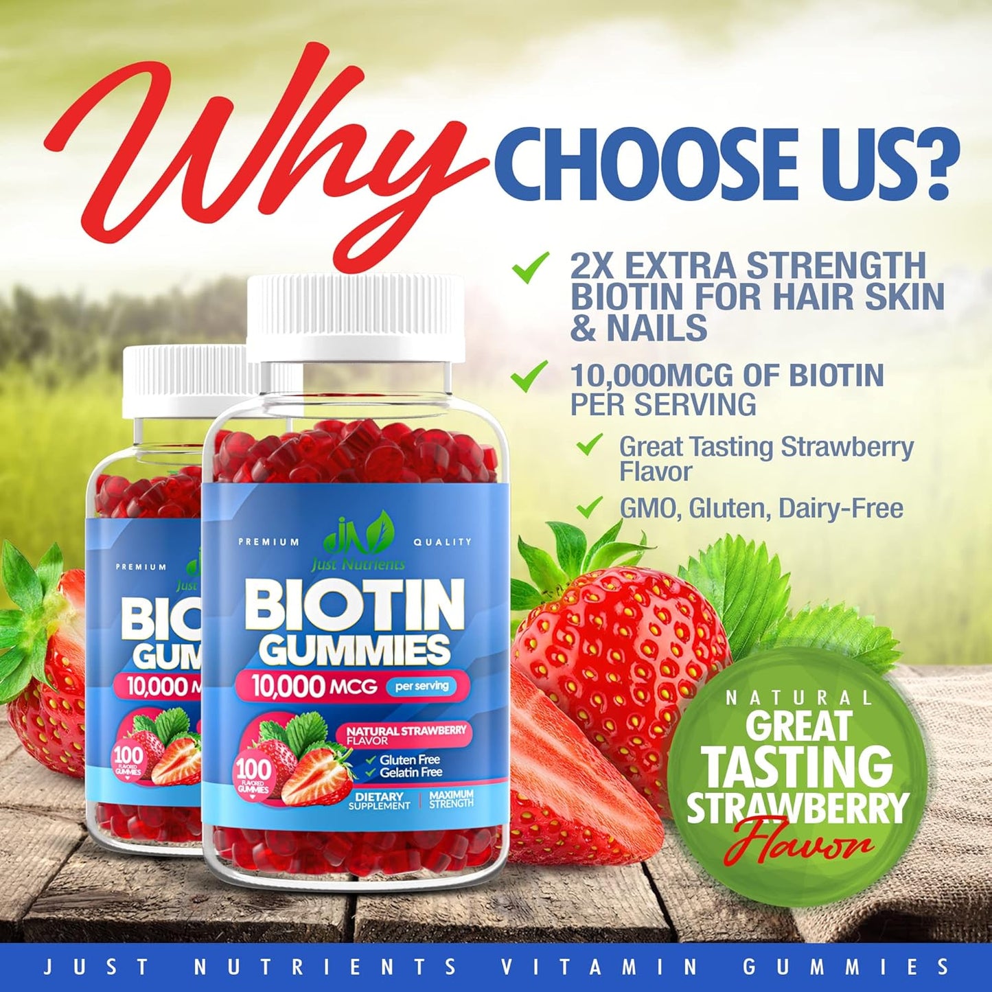 100 Count Biotin Gummies for Hair, Skin & Nails - 10,000mcg Extra Strength - Gluten-Free, Vegan, Non-GMO - Strawberry Flavor - 100 Gummies