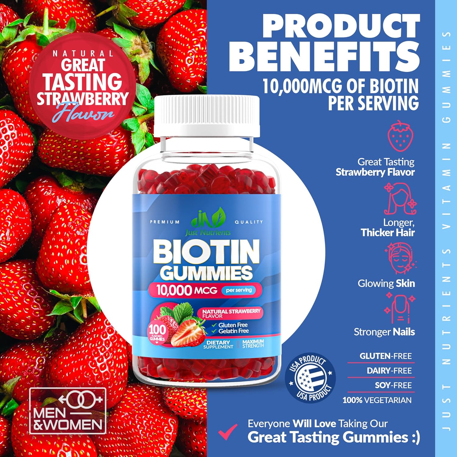 100 Count Biotin Gummies for Hair, Skin & Nails - 10,000mcg Extra Strength - Gluten-Free, Vegan, Non-GMO - Strawberry Flavor - 100 Gummies