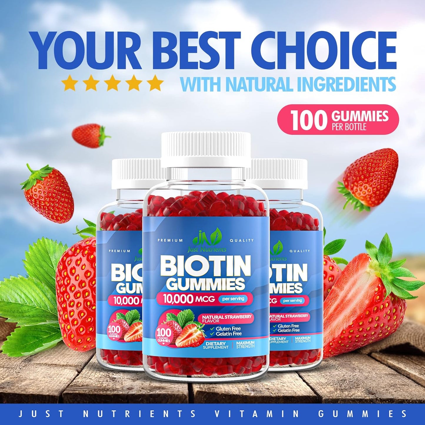 100 Count Biotin Gummies for Hair, Skin & Nails - 10,000mcg Extra Strength - Gluten-Free, Vegan, Non-GMO - Strawberry Flavor - 100 Gummies