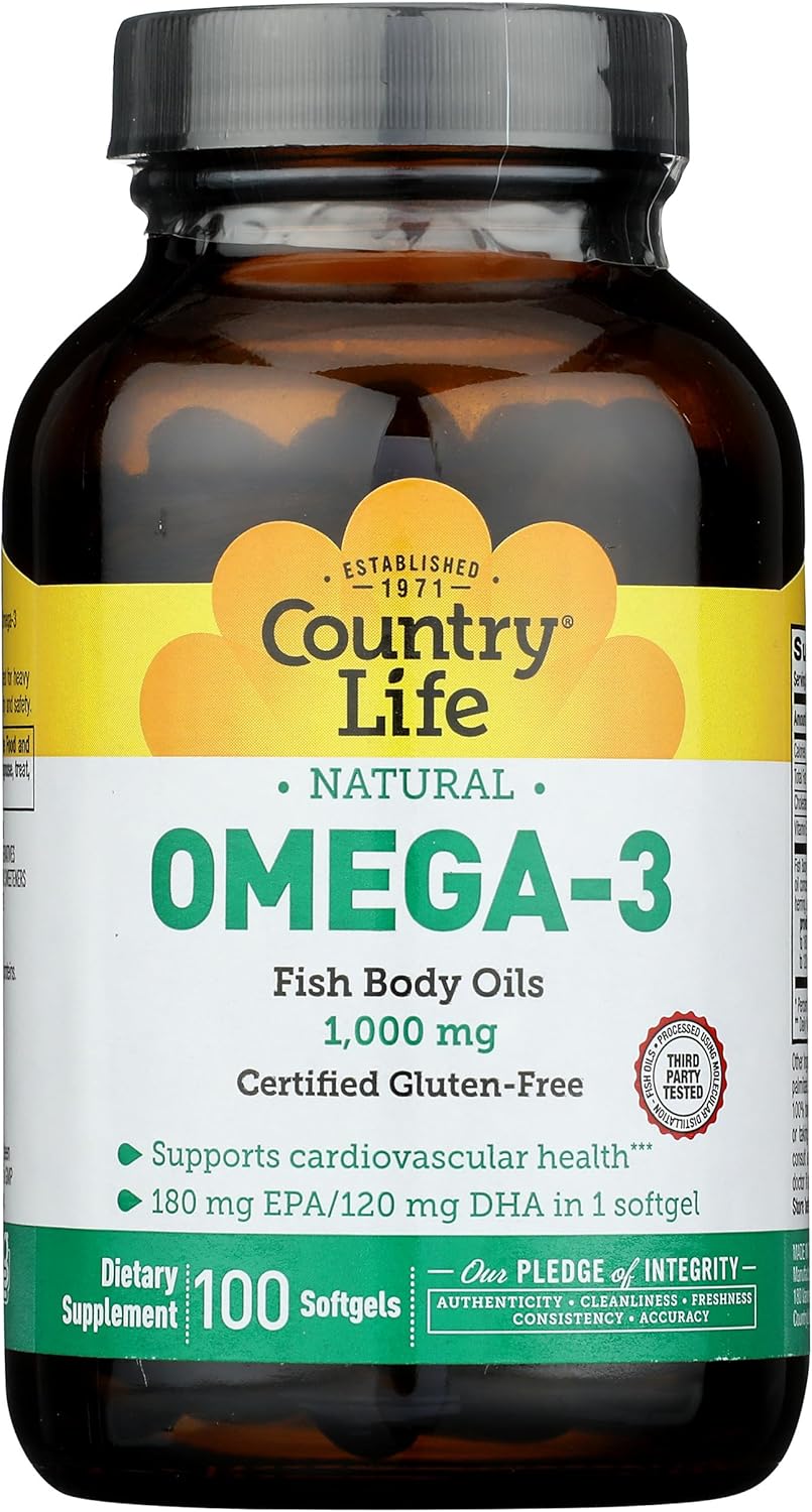 100 Count Country Life Omega 3 Fish Oil Capsules with 1000 MG Strength