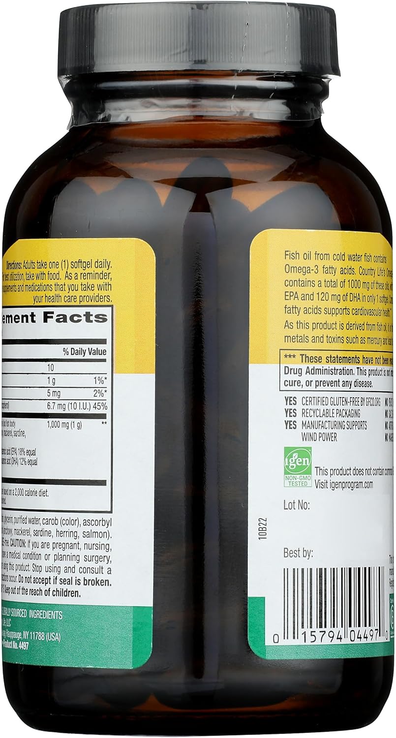 100 Count Country Life Omega 3 Fish Oil Capsules with 1000 MG Strength