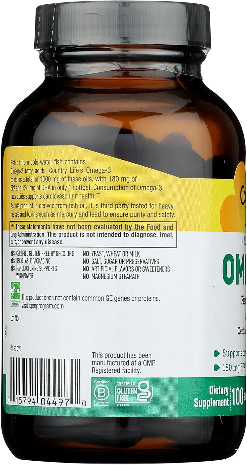 100 Count Country Life Omega 3 Fish Oil Capsules with 1000 MG Strength