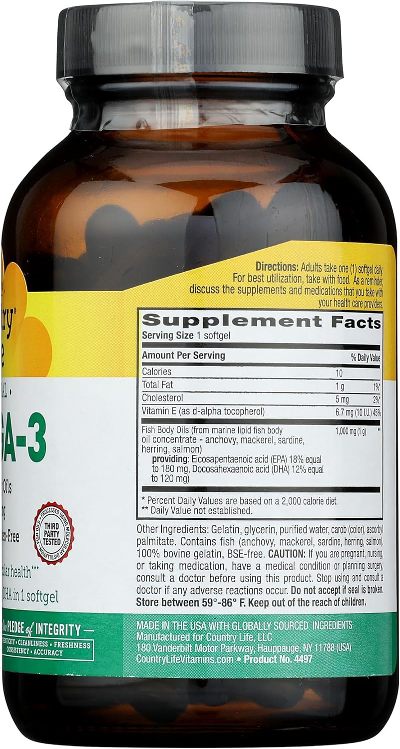 100 Count Country Life Omega 3 Fish Oil Capsules with 1000 MG Strength