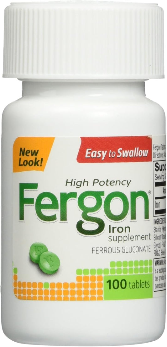 100 Count Fergon High Potency Iron Supplement Tablets for Energy and Immunity Boost