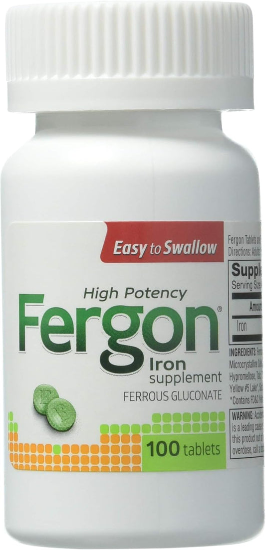 100 Count Fergon Iron Supplement - High Potency Formula for Energy and Vitality
