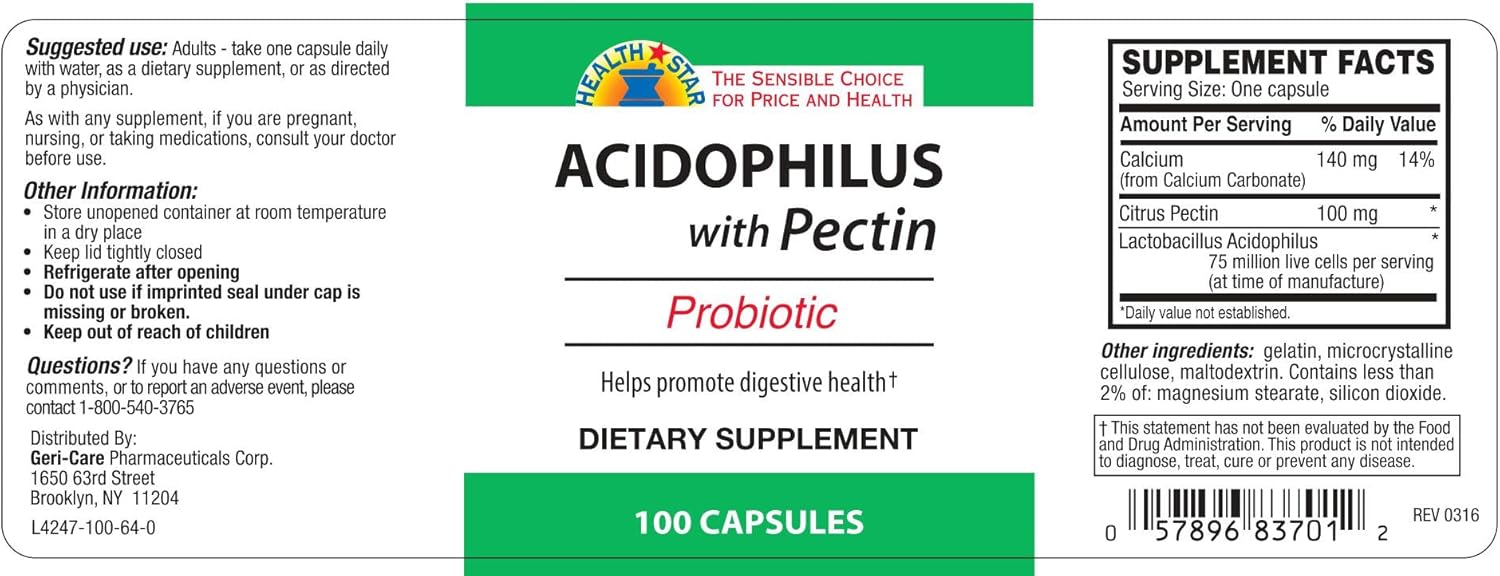 100 Count GeriCare Acidophilus with Pectin Probiotic Capsules for Intestinal Flora, Digestive Health, Immune Support, and Bone Strength