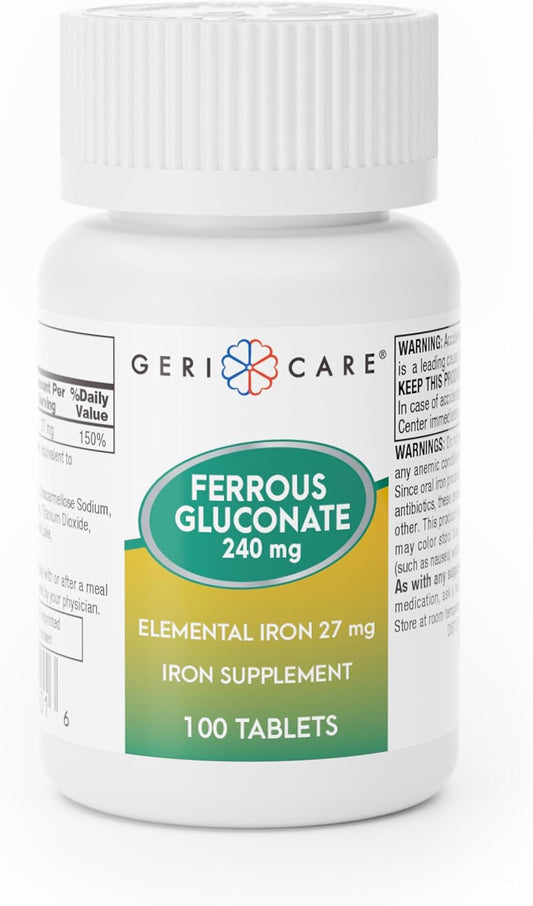 100 Count Gericare Iron 27mg Ferrous Gluconate 240mg Supplement for Energy Boost