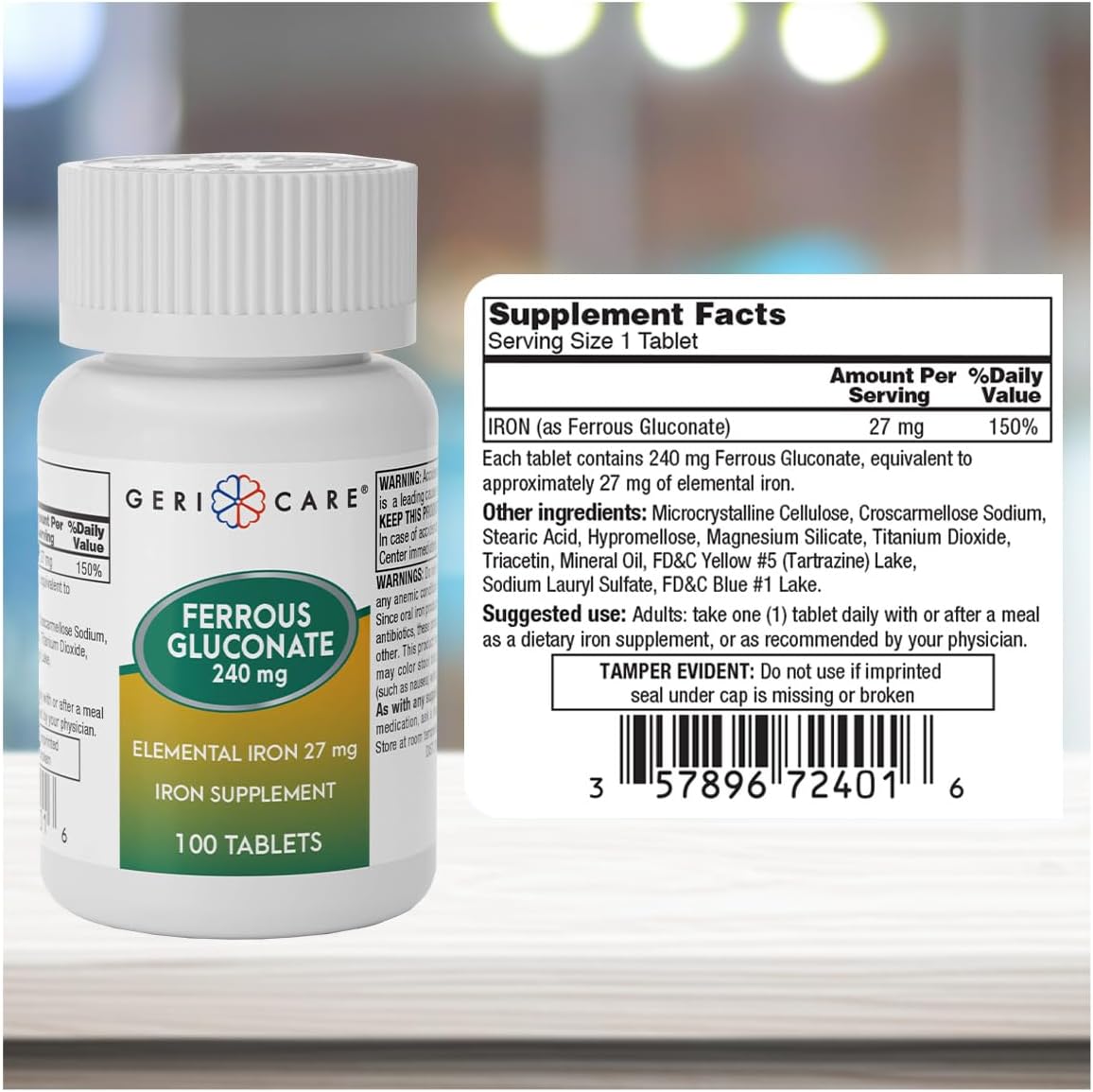 100 Count Gericare Iron 27mg Ferrous Gluconate 240mg Supplement for Energy Boost