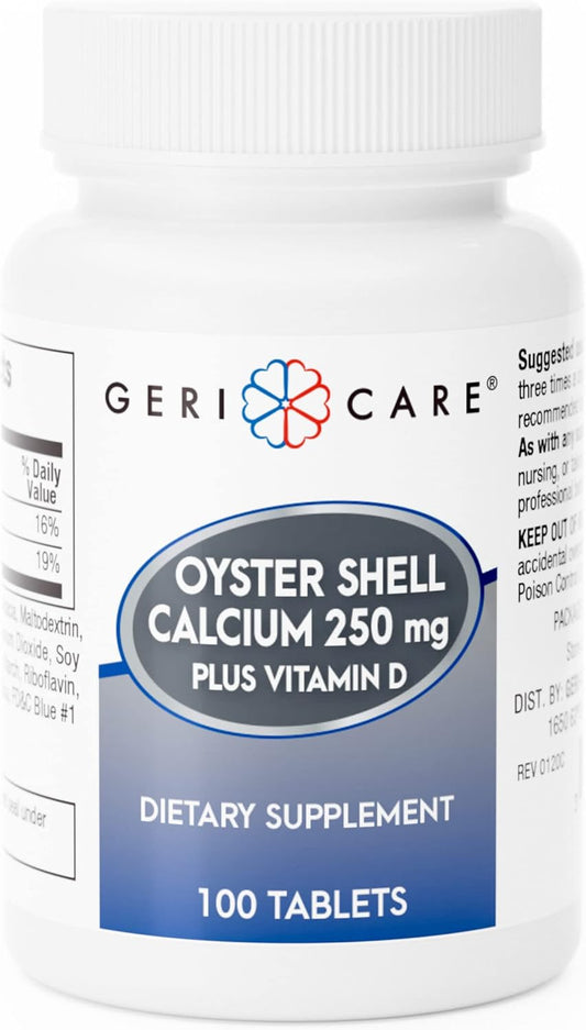 100 Count Gericare Oyster Shell Calcium 250mg and Vitamin D 125IU Tablets for Bone Health