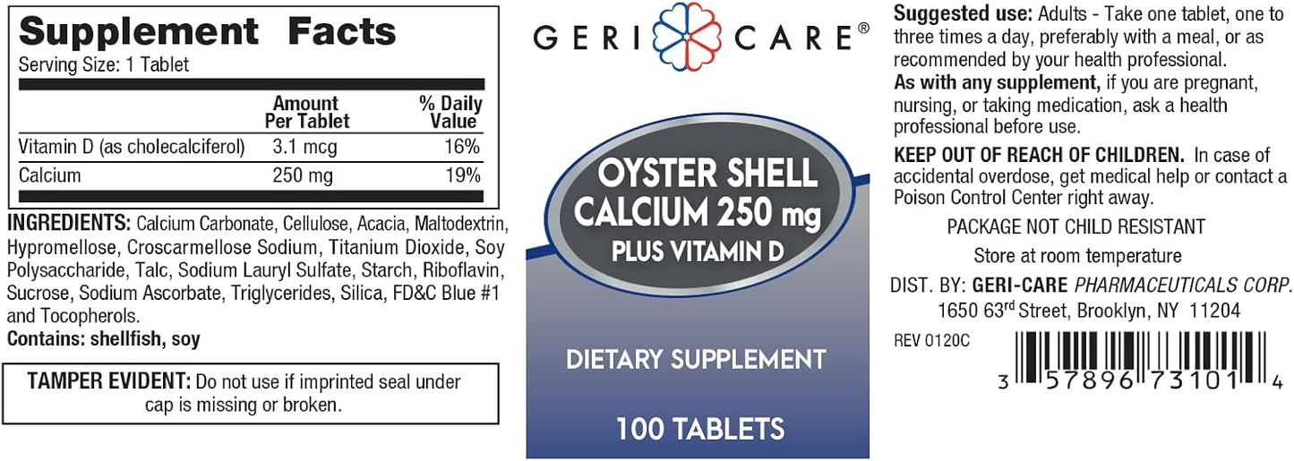 100 Count Gericare Oyster Shell Calcium 250mg and Vitamin D 125IU Tablets for Bone Health