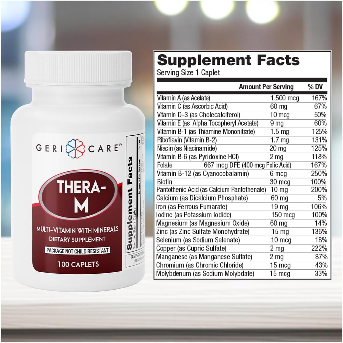 100 Count GeriCare Thera High Potency Multivitamin Mineral Caplets for Nutritional Support
