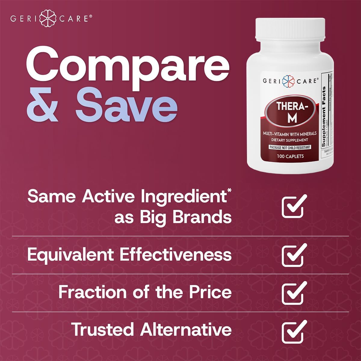 100 Count GeriCare Thera High Potency Multivitamin Mineral Caplets for Nutritional Support