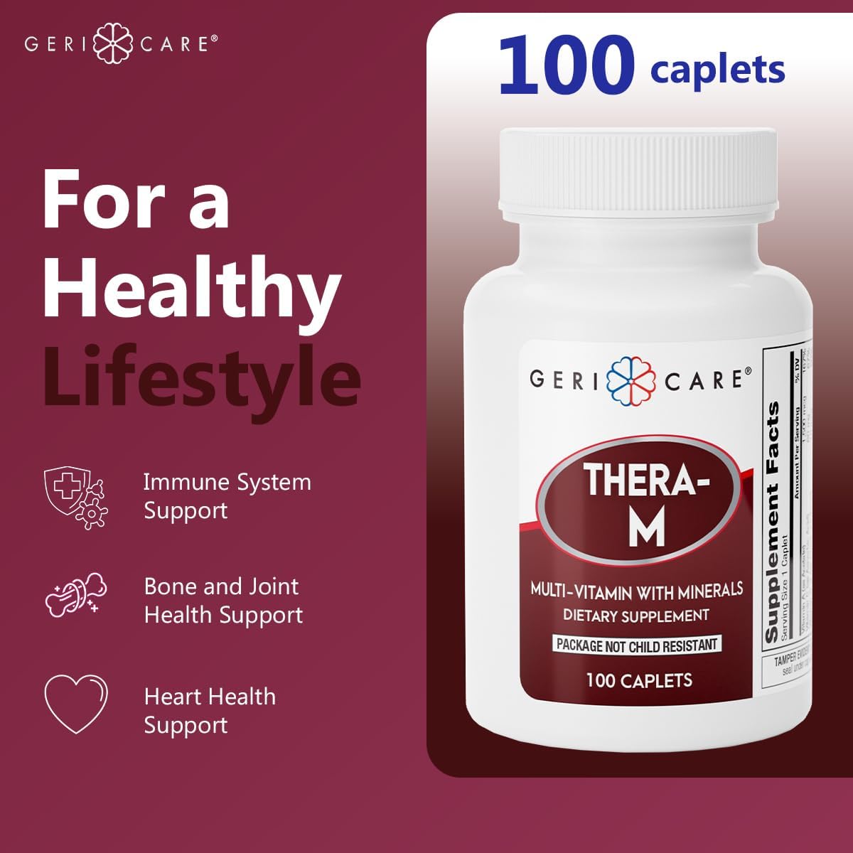 100 Count GeriCare Thera High Potency Multivitamin Mineral Caplets for Nutritional Support