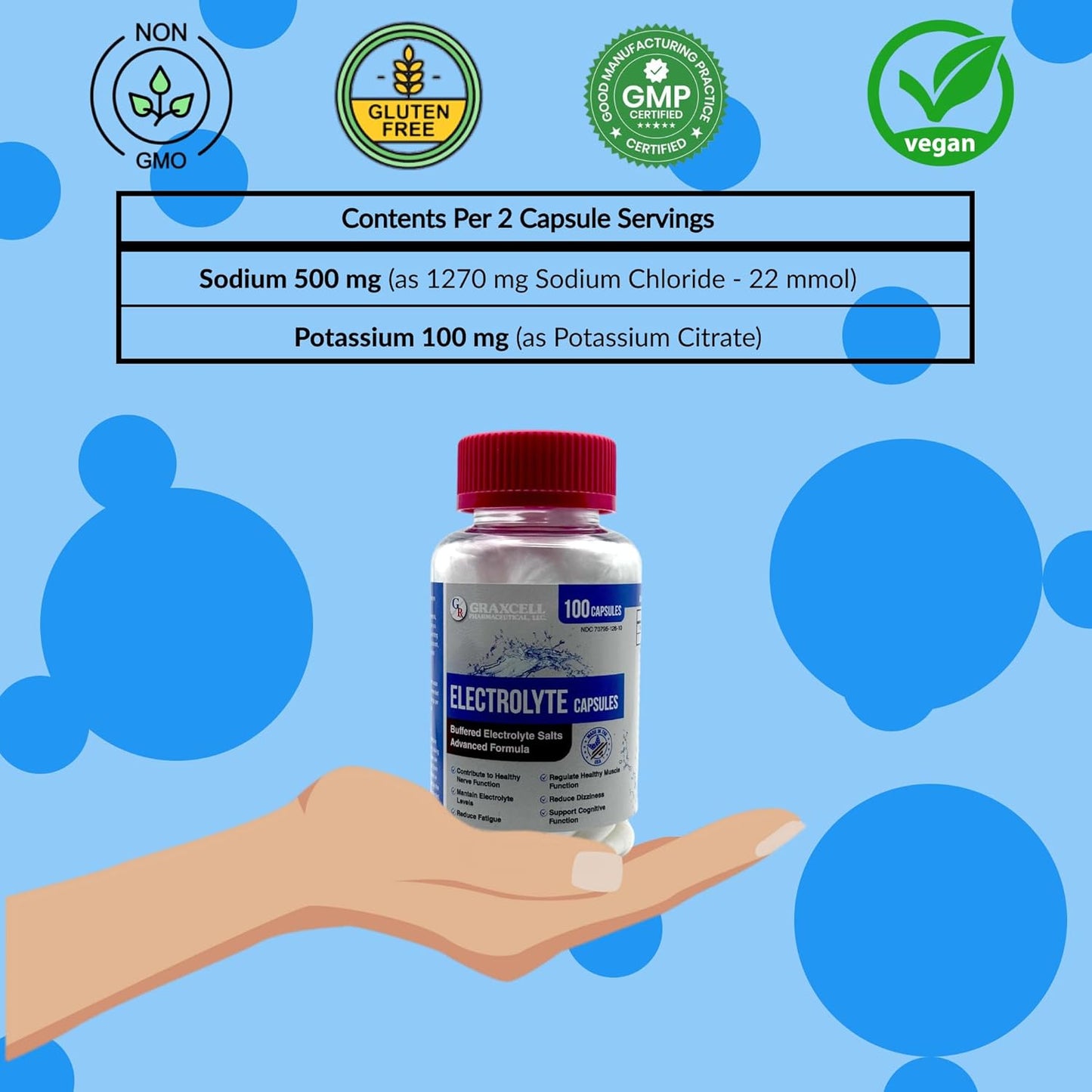 100 Count Graxcell Electrolyte Capsules for Hydration and Muscle Recovery