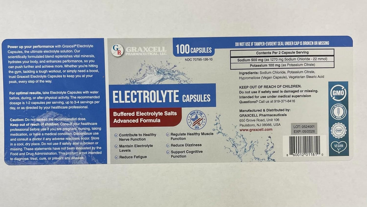 100 Count Graxcell Electrolyte Capsules for Hydration and Muscle Recovery
