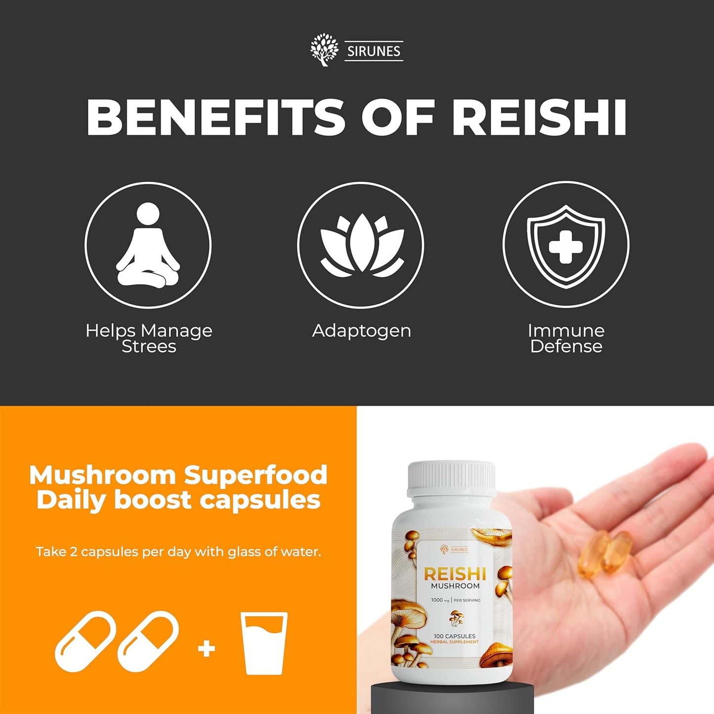 100-Count High-Strength Reishi Mushroom Capsules for Stress Relief and Immune Support - Non-GMO Superfood Supplement