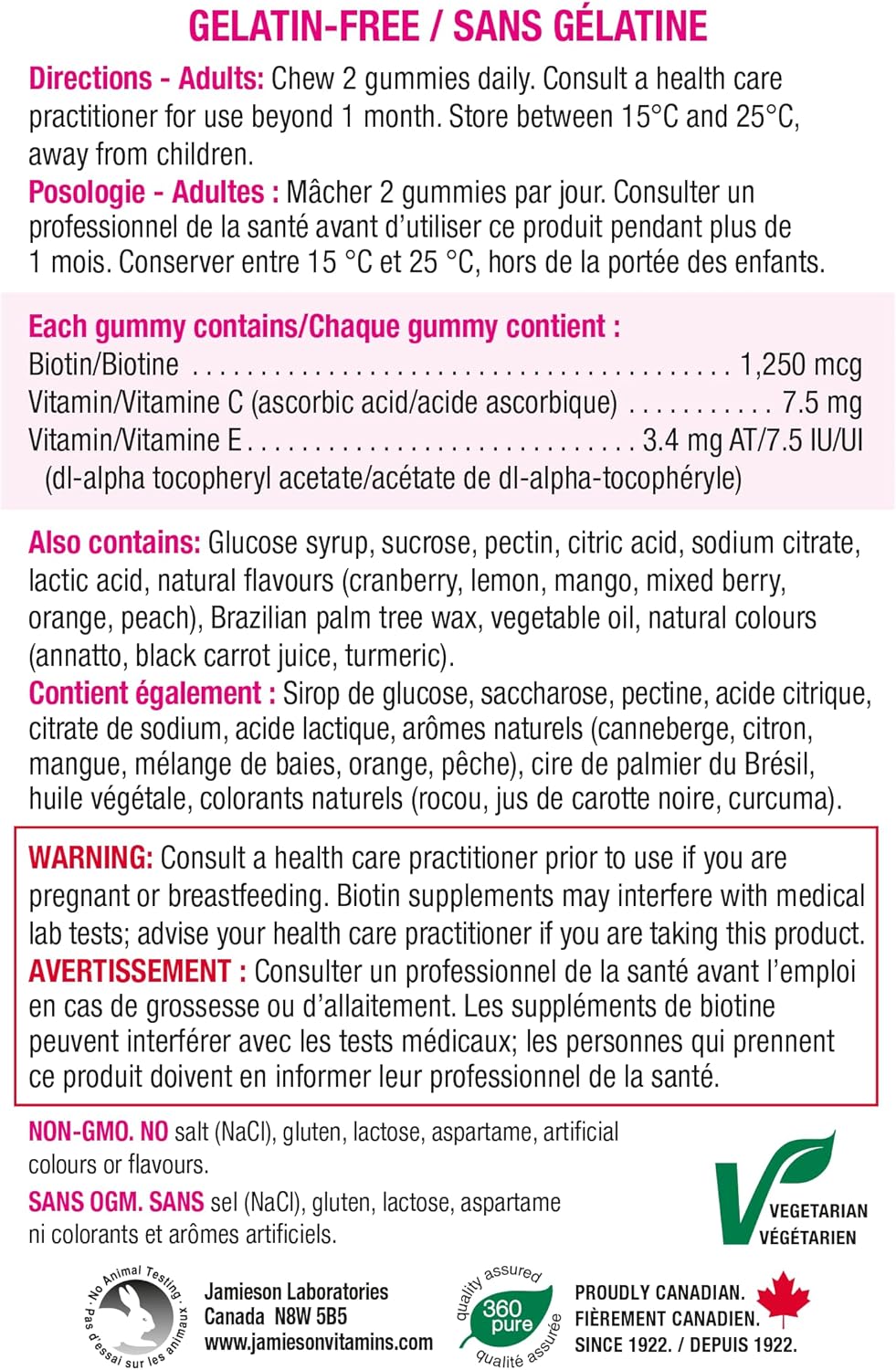 100 Count Jamieson High Potency Biotin Gummies for Hair, Skin, and Nails