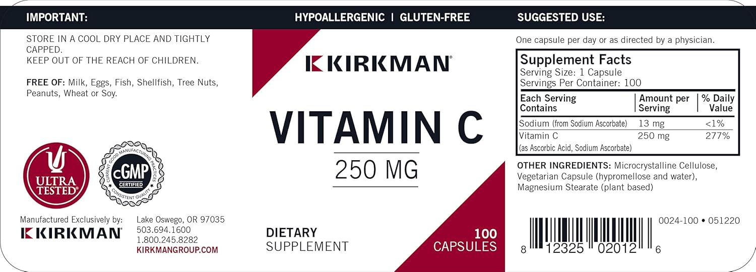 100-Count Kirkman Vitamin C 250 mg Supplement for Immune Support