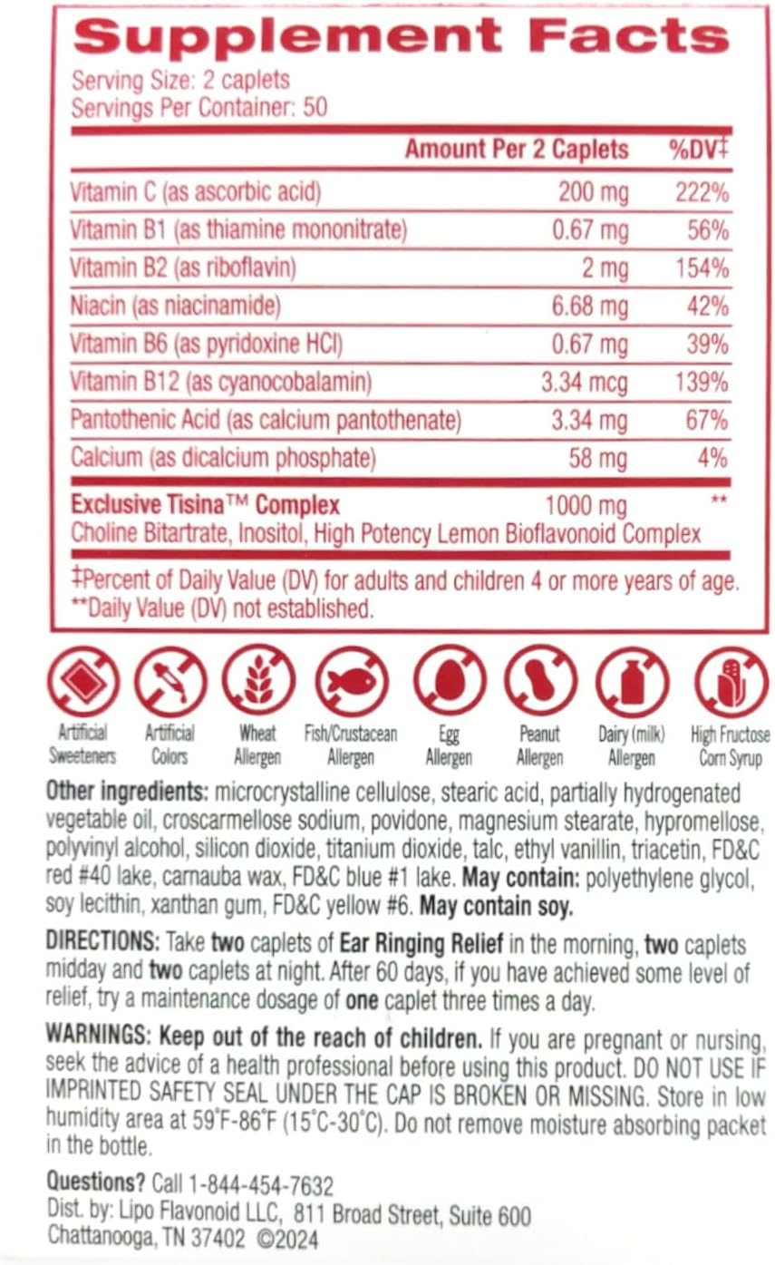 100 Count Lipo-Flavonoid Caplets Dietary Supplement for Ringing Ears