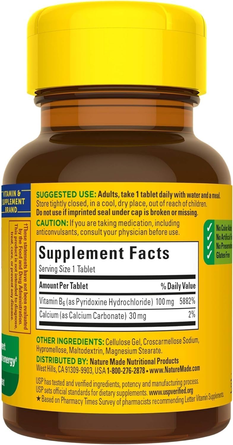100 Count Nature Made Vitamin B6 100mg Tablets for Daily Wellness