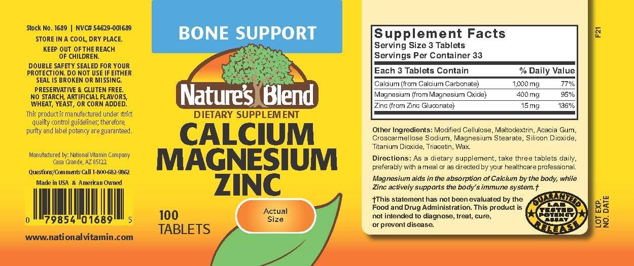 100 Count Nature's Blend Unflavored Calcium Magnesium Zinc Tablets