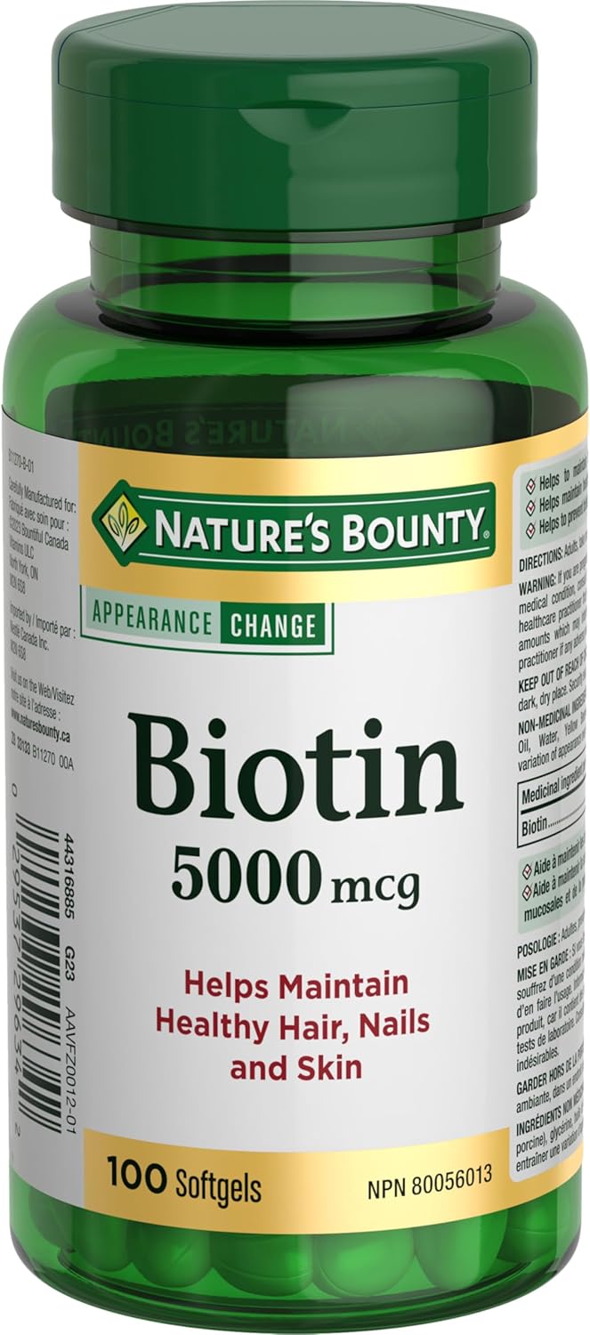 100 Count Nature's Bounty Biotin 5000mcg Dietary Supplement Bottle