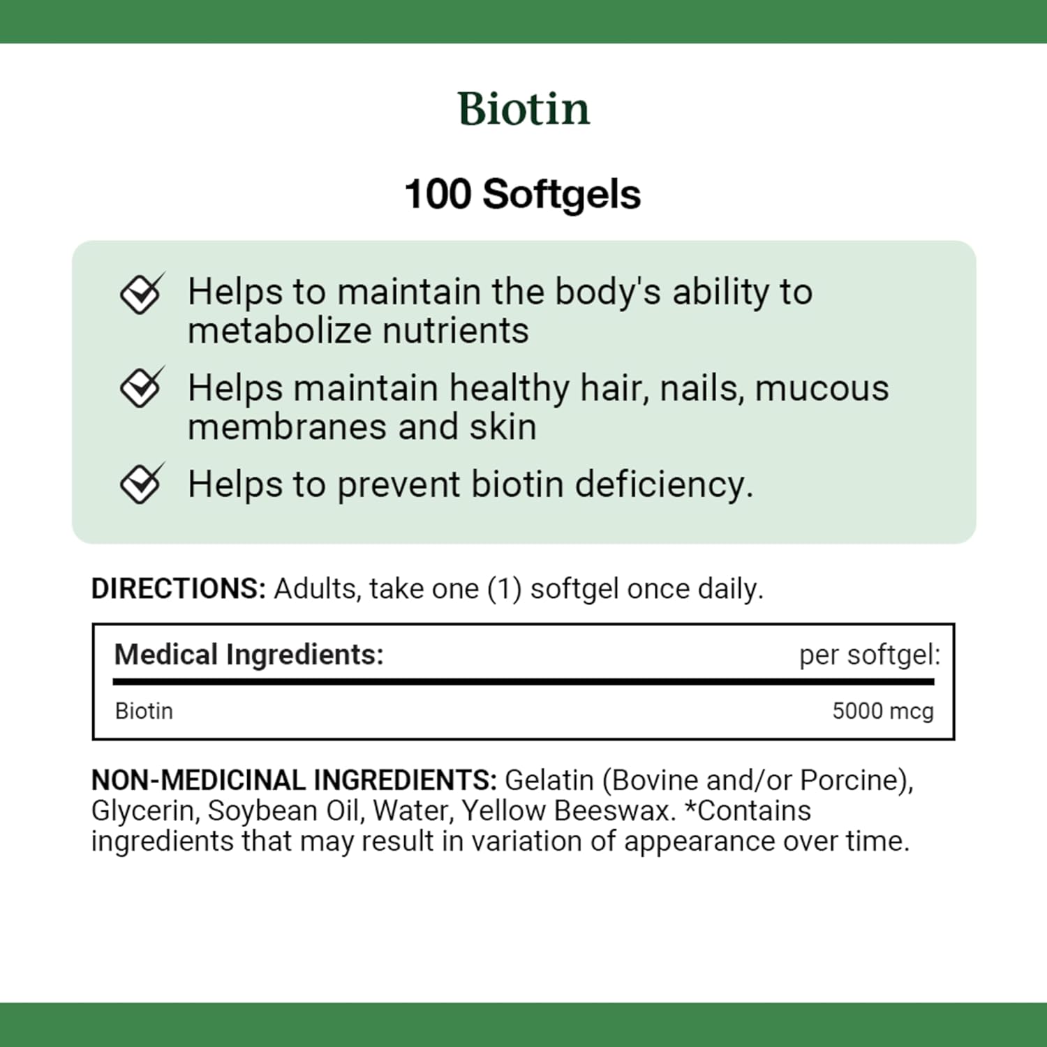 100 Count Nature's Bounty Biotin 5000mcg Dietary Supplement Bottle