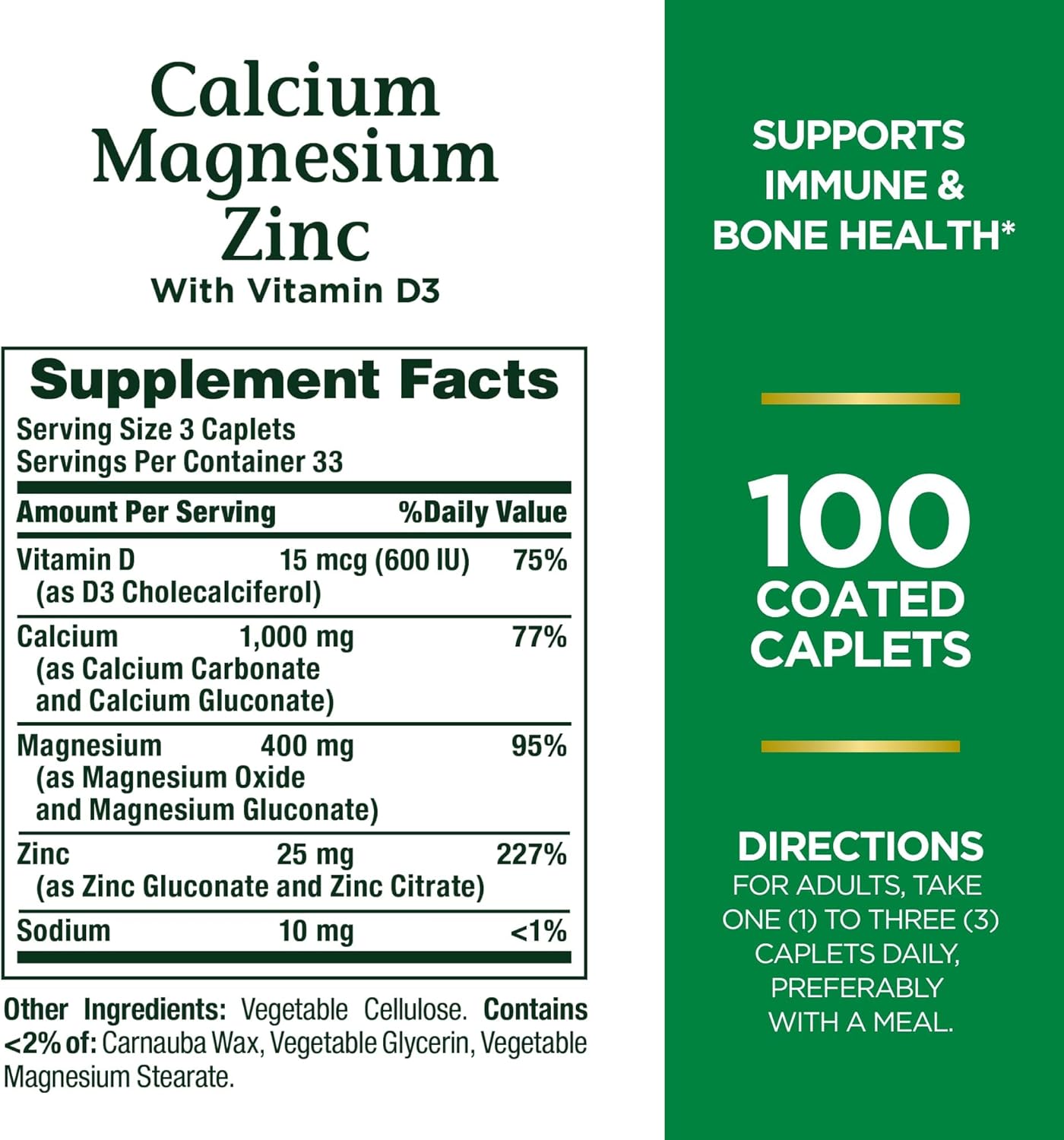 100 Count Nature's Bounty Calcium, Magnesium & Zinc Caplets for Bone Health and Immune Support