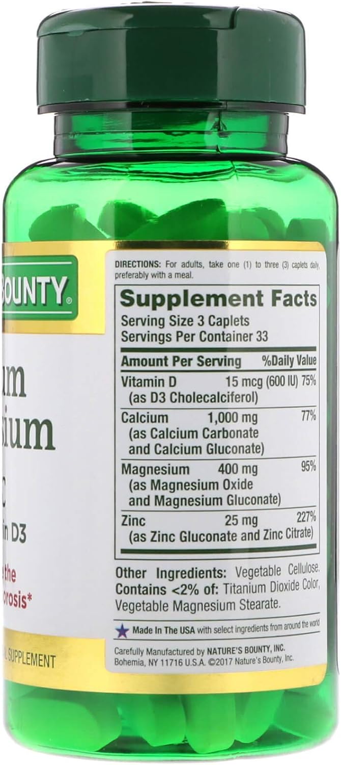 100 Count Nature's Bounty Calcium Magnesium Zinc Caplets for Bone Health & Immune Support